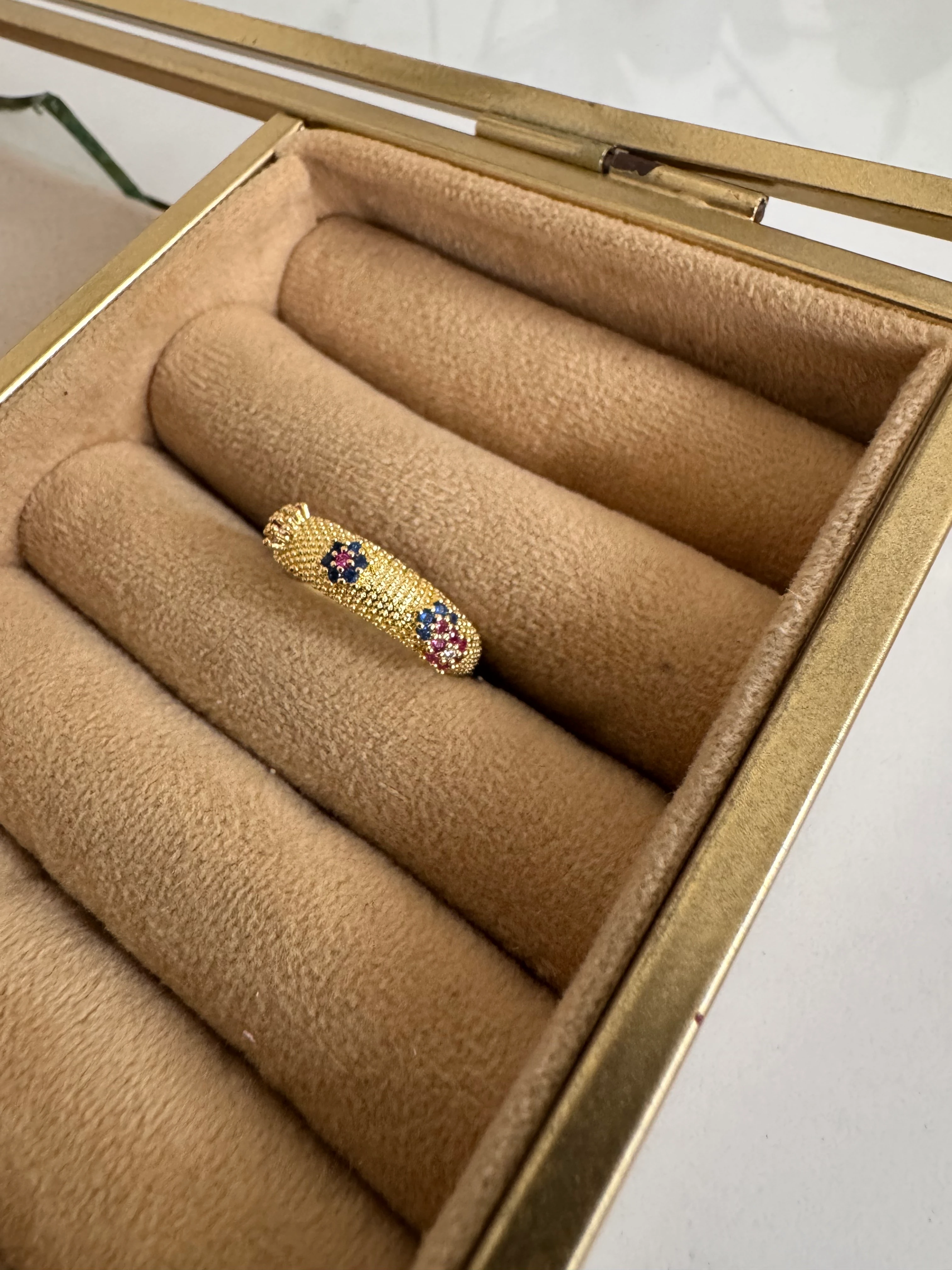 Renkli Çiçek Desenli 14K Altın Kaplama Yüzük