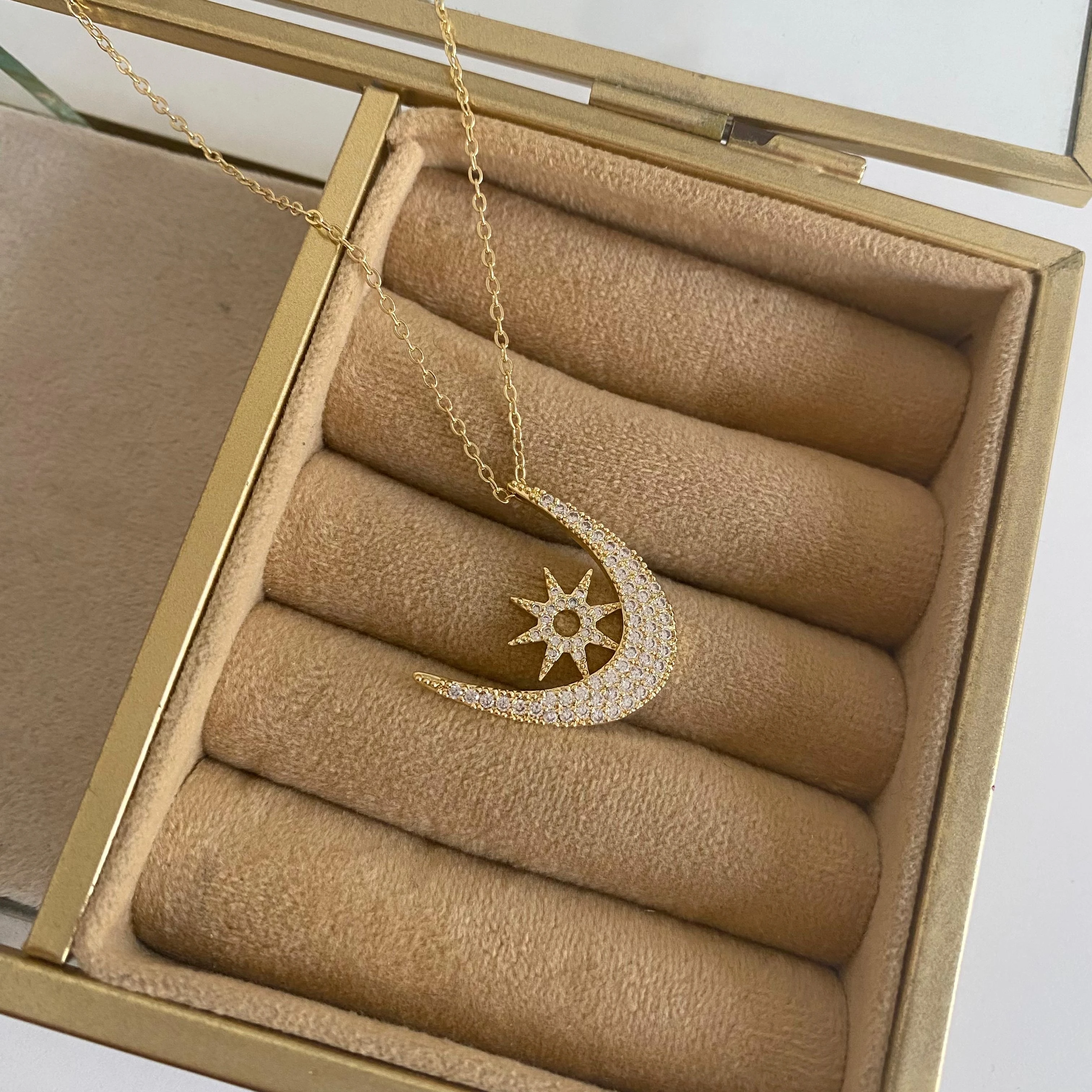 14K Altın Kaplama Ay Yıldız Zirkon Taşlı Kolye