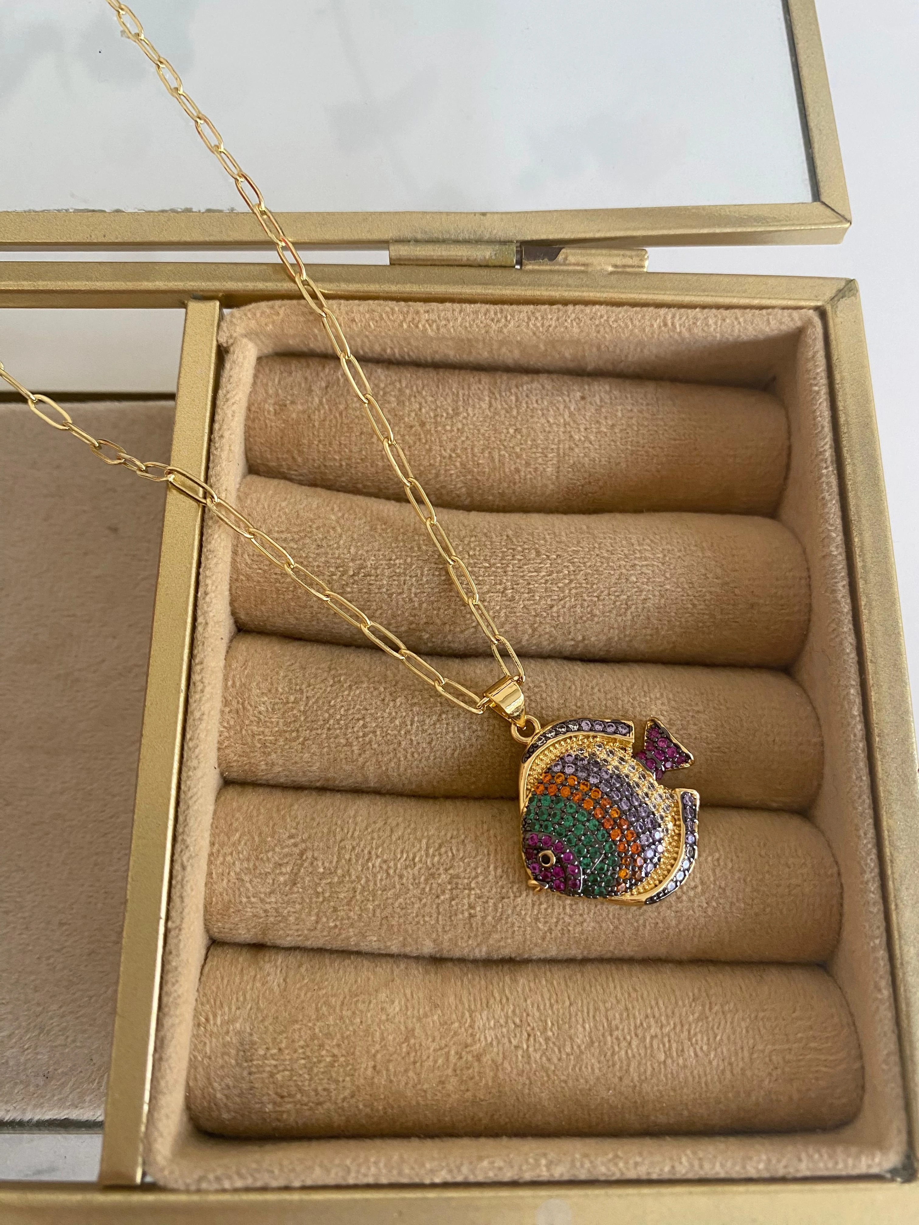 14K Altın Kaplama Renkli Zirkon Taş Balık Kolye