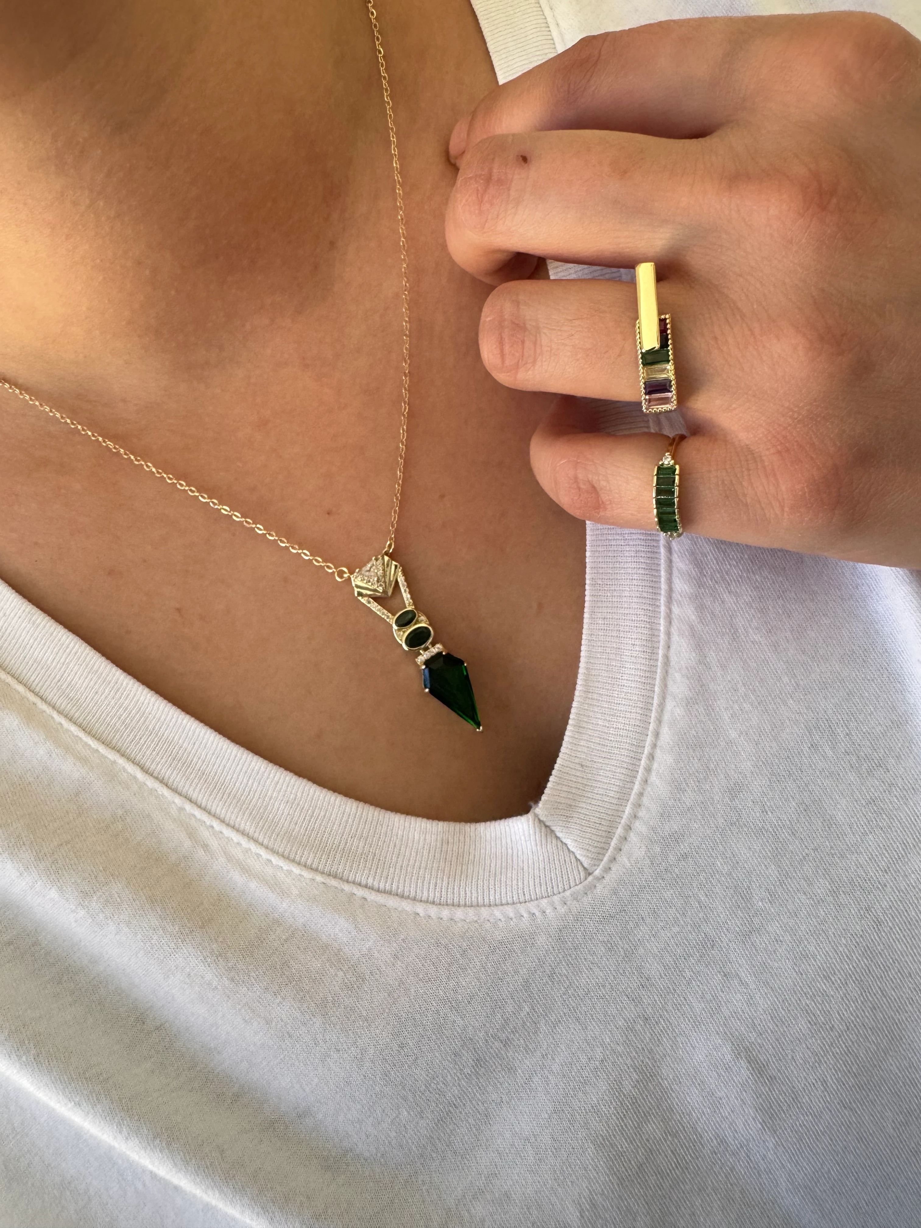 Gold Geometrik Yeşil Taşlı 14k Kolye