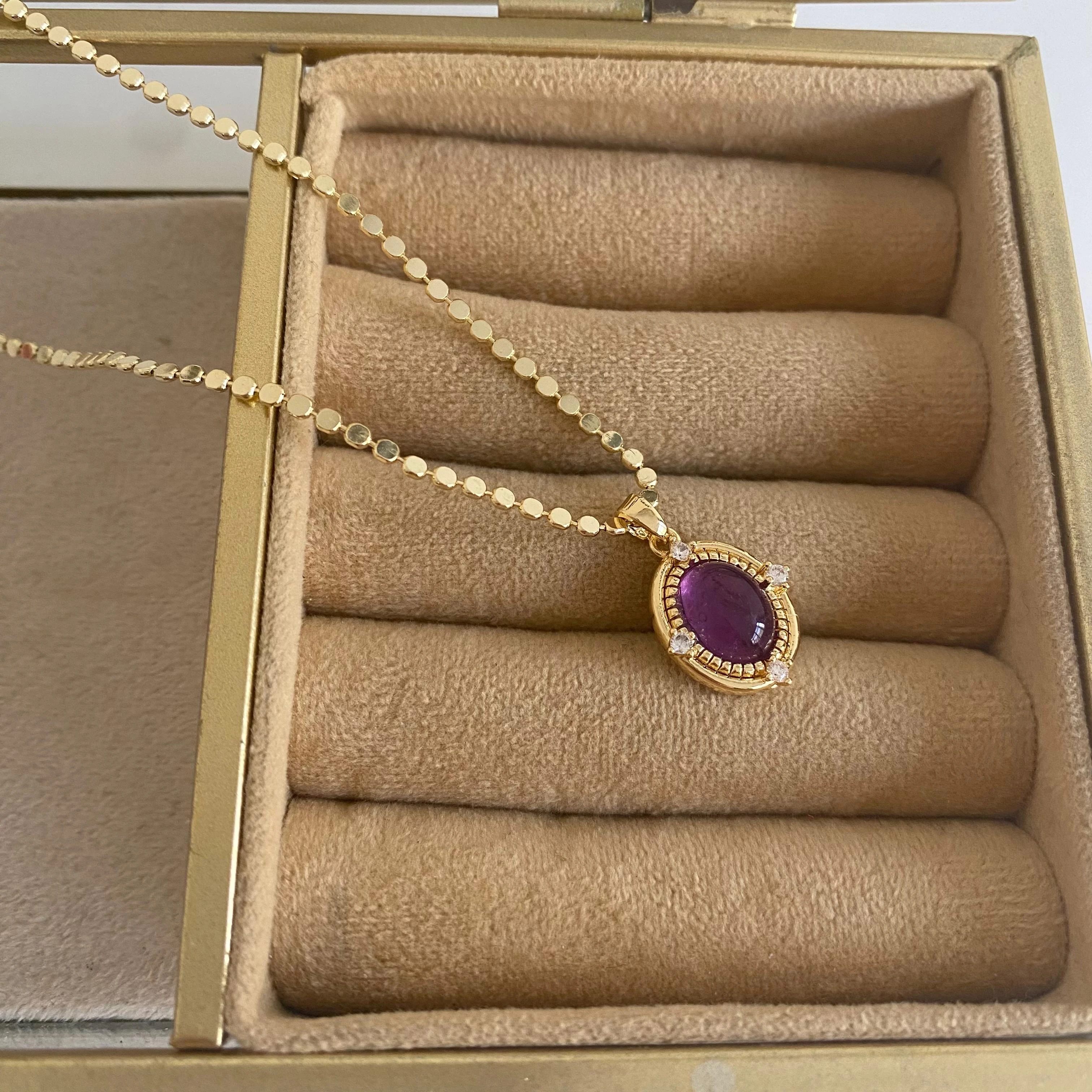 14K Altın Kaplama Mor Taşlı Kolye