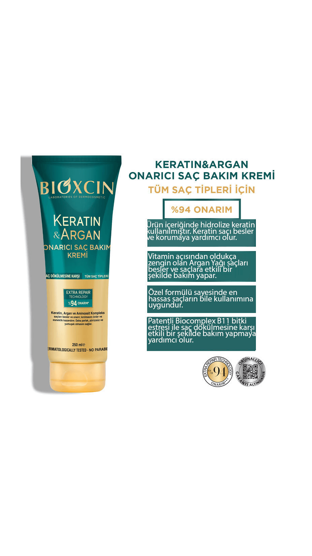 Bioxcin Keratin ve Argan Onarıcı Saç Bakım Kremi 250mL