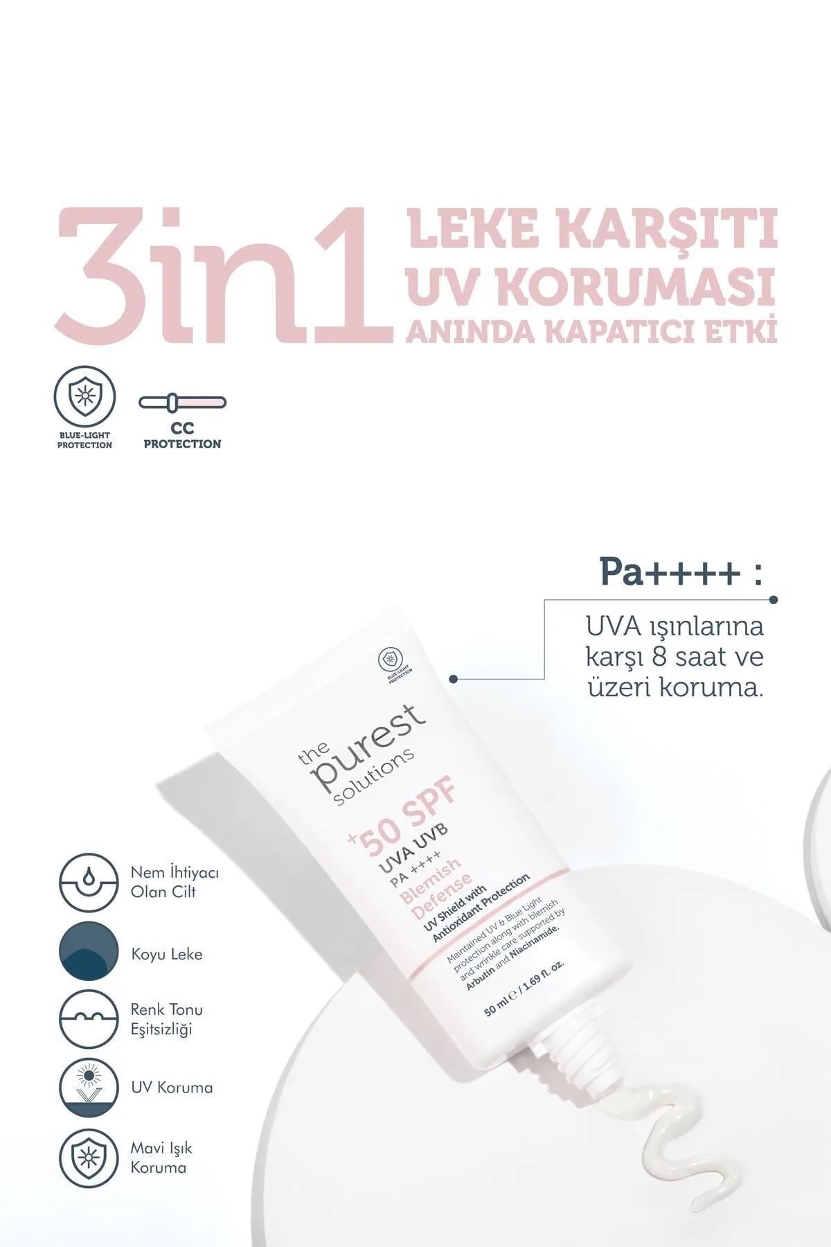 The Purest Solutions Cilt Tonu Eşitleyici Ve Leke Karşıtı Blemish Defense Renkli Güneş Koruyucu Krem SPF 50, 50mL 