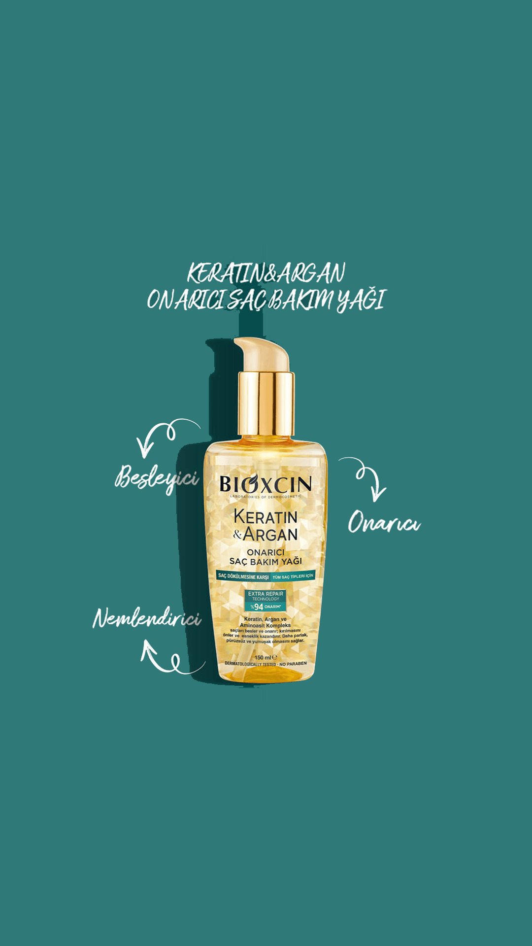 Bioxcin Keratin ve Argan Onarıcı Saç Bakım Yağı 150mL
