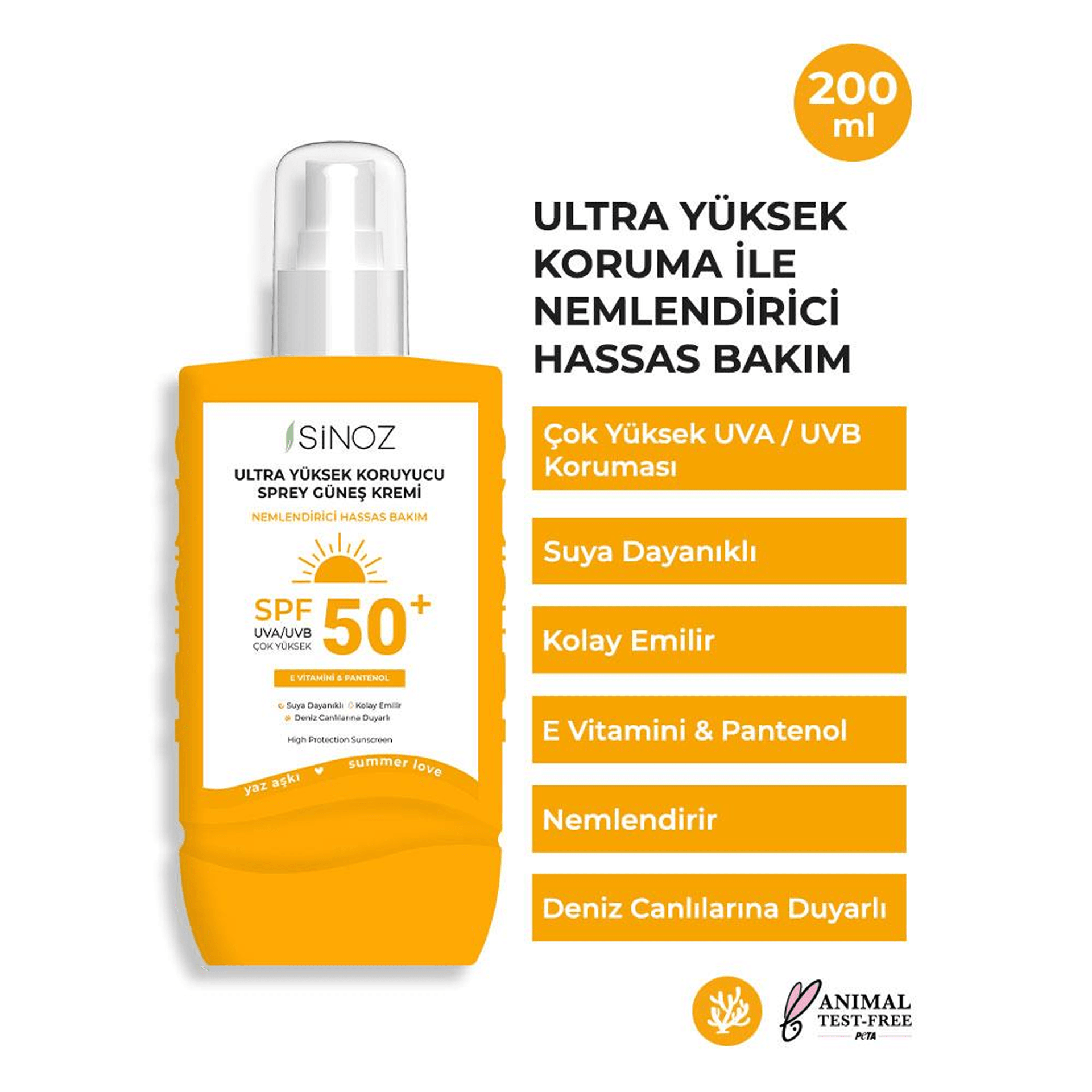 Sinoz Ultra Yüksek Koruyucu ve Nemlendirici Güneş Krem Sprey Spf50 200mL