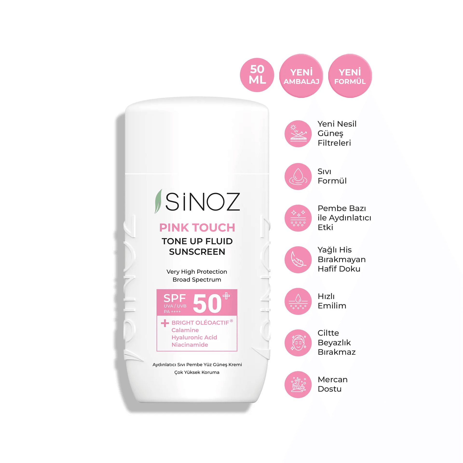 Sinoz Spf50 Pink Touch Aydınlatıcı Sıvı Yüz Güneş Kremi 50mL