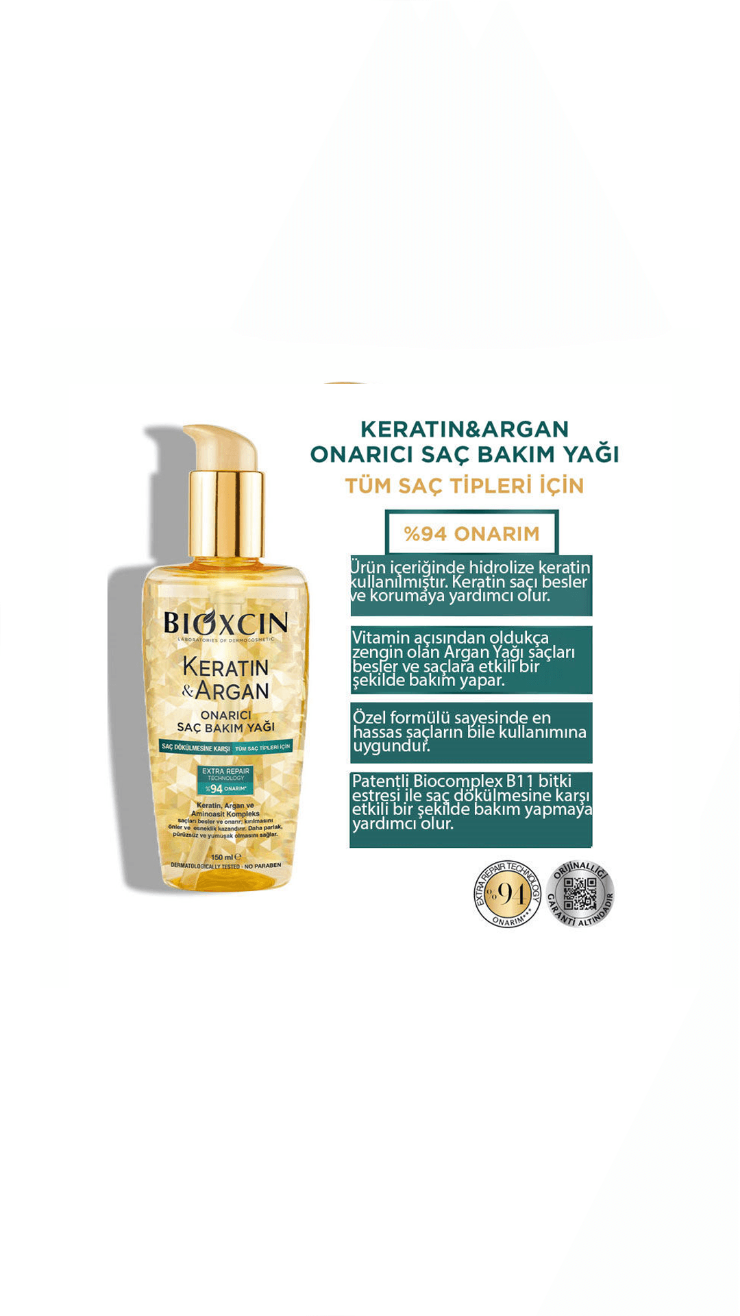 Bioxcin Keratin ve Argan Onarıcı Saç Bakım Yağı 150mL