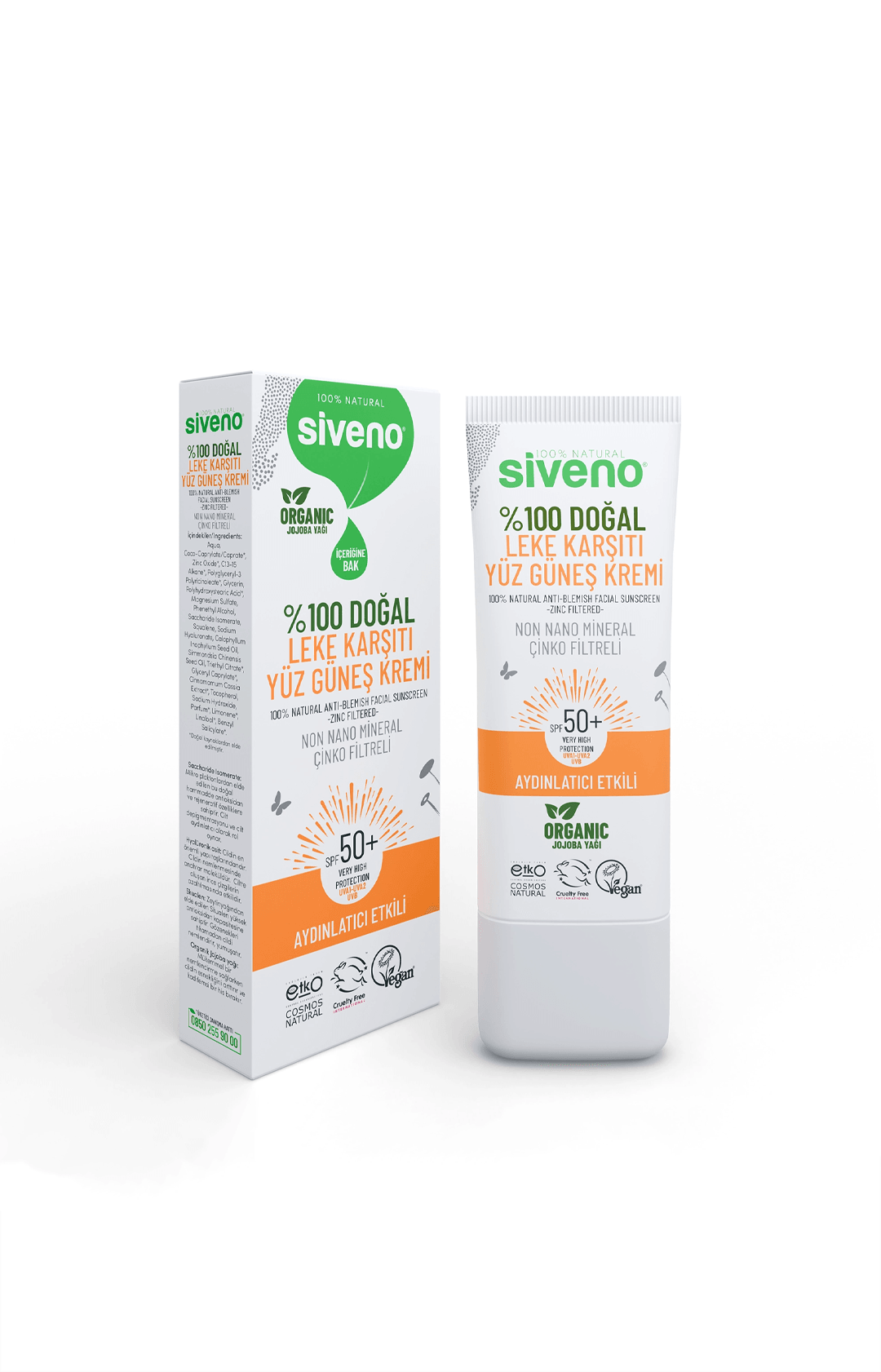 Siveno Yüz Güneş Kremi Leke Karşıtı Aydınlatıcı Mineral Filtre UVA UVB SPF 50+ 30mL