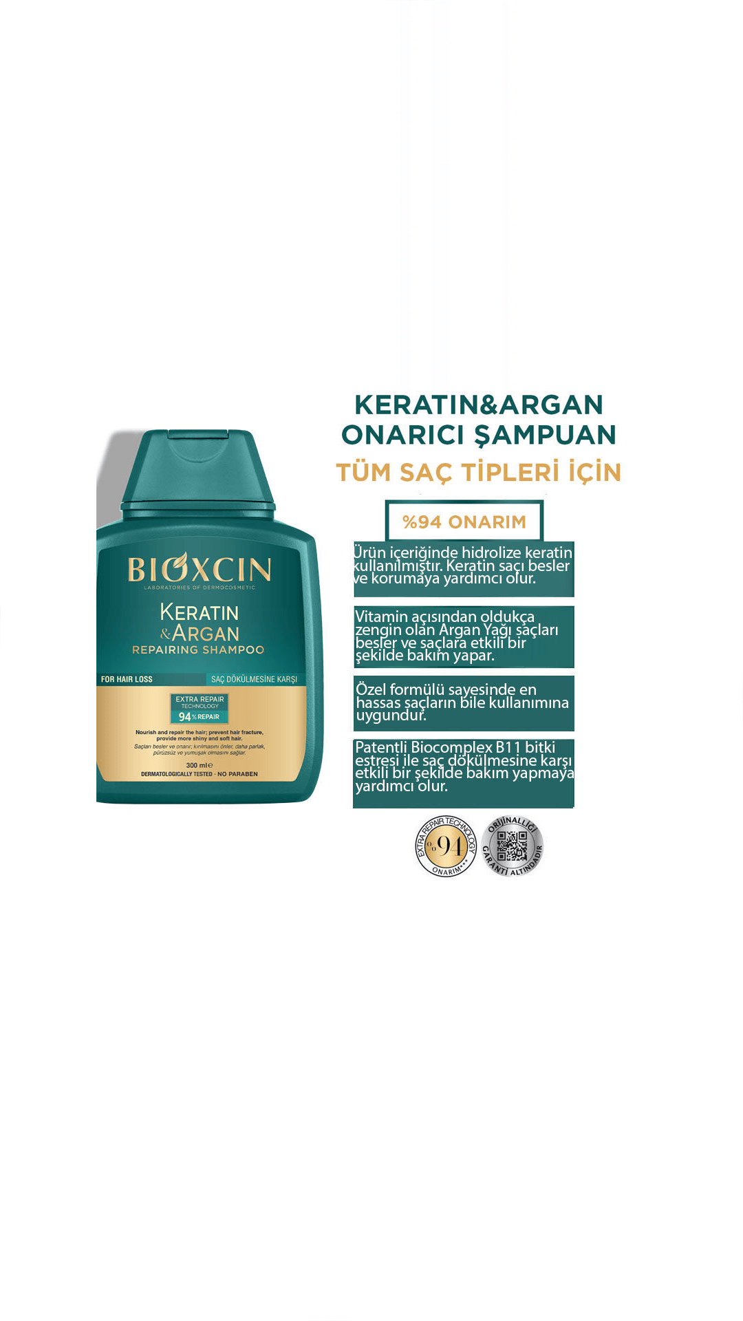 Bioxcin Keratin ve Argan Onarıcı Şampuan 2x300mL