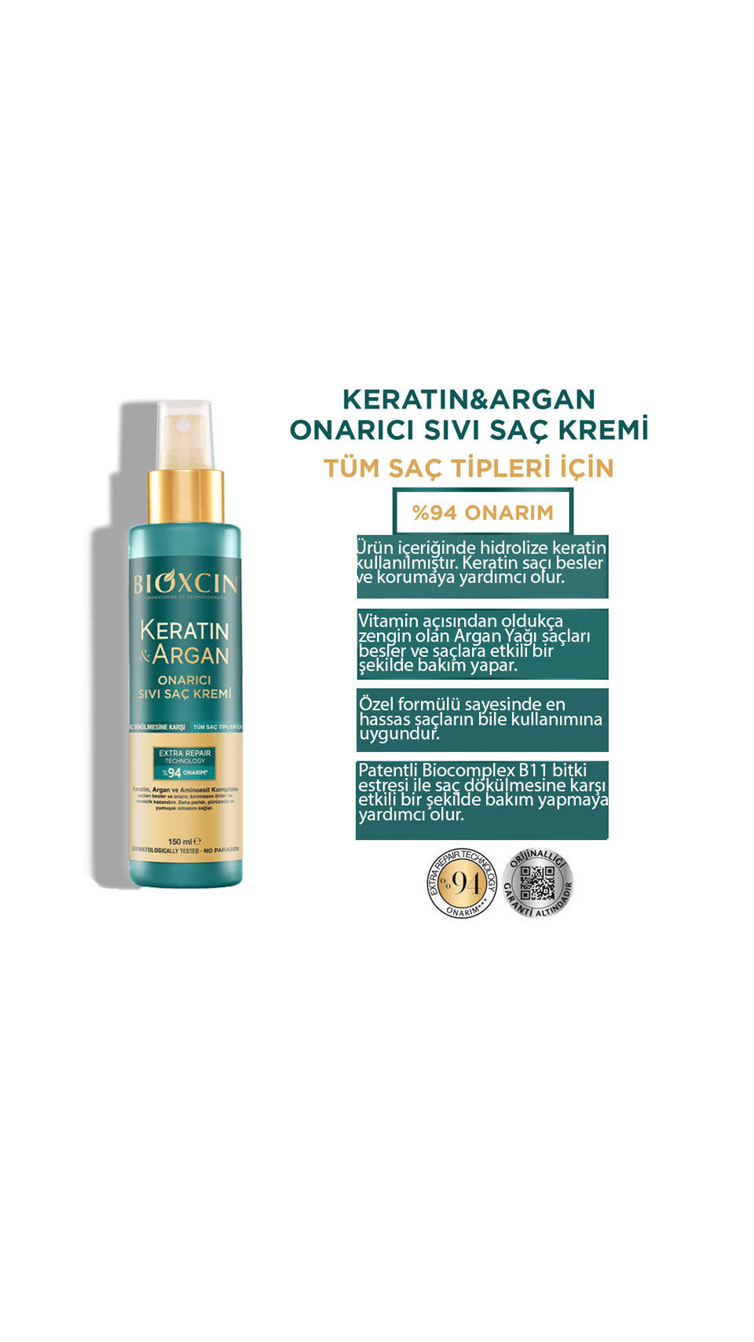 Bioxcin Keratin ve Argan Onarıcı Sıvı Saç Kremi 150mL