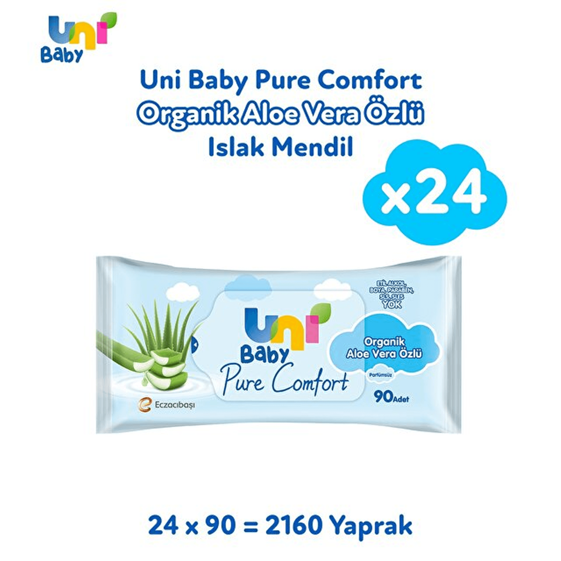 Uni Baby Pure Comfort Organik Aloe Vera Özlü Islak Mendil 24'lü 2160 Yaprak