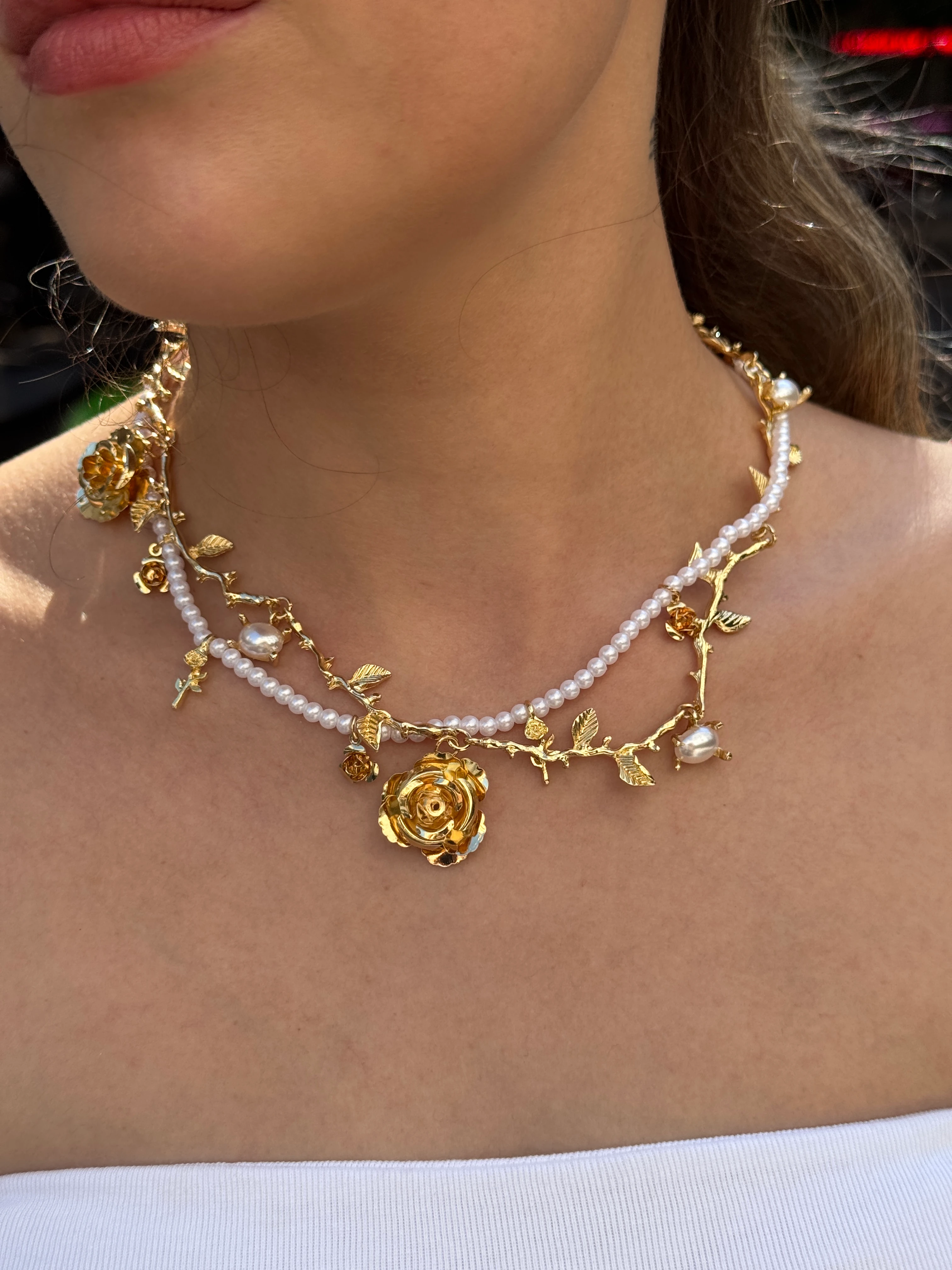 İkili Gül ve İnci Kolye 