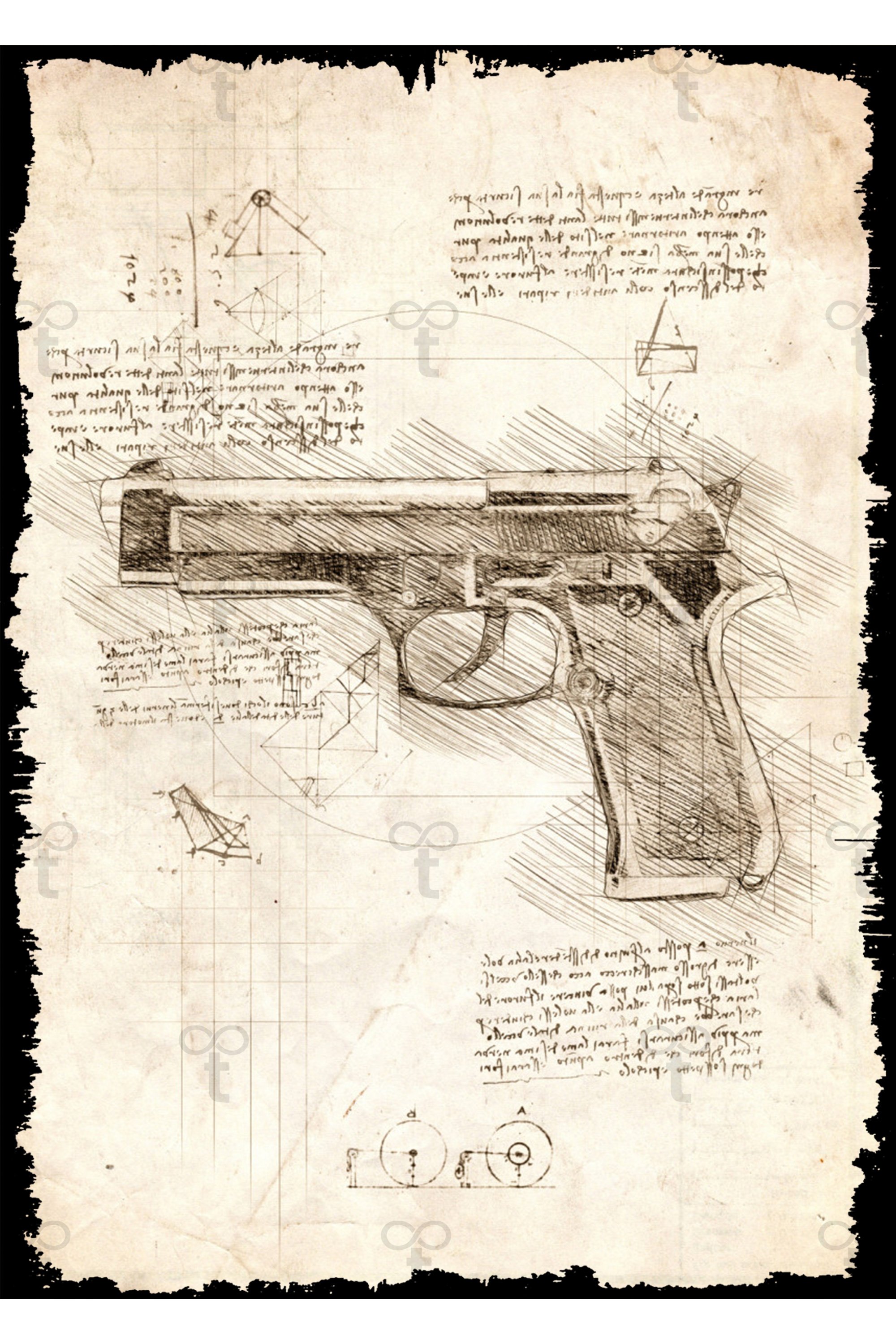Da Vinci Tema Silah Görselli Ahşap Tablo