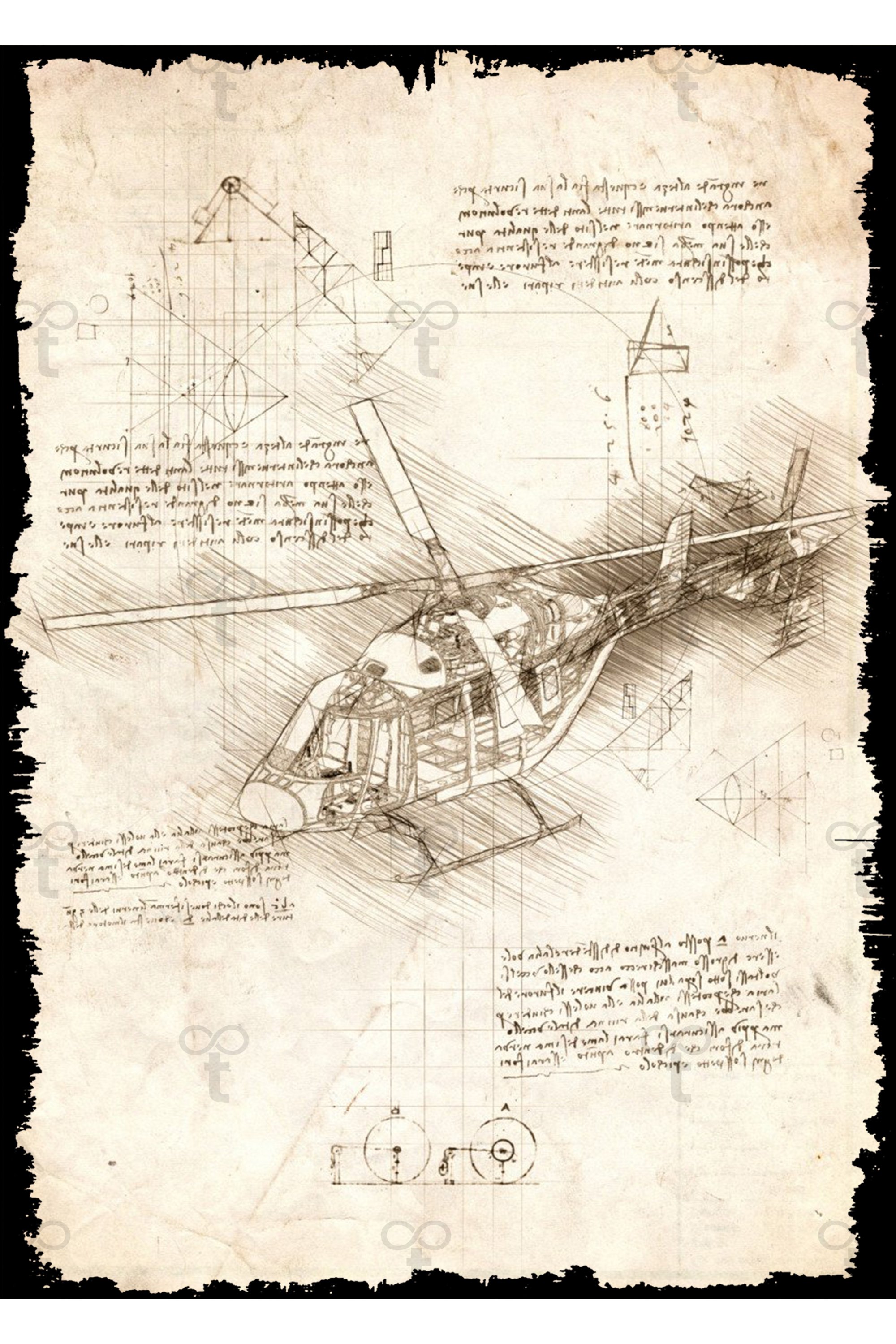 Da Vinci Tema Helikopter Görselli Ahşap Tablo