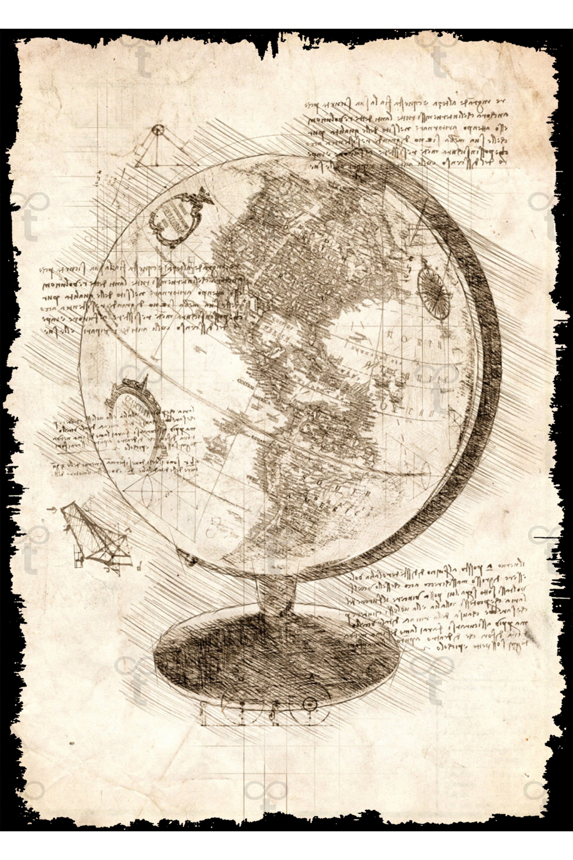 Da Vinci Tema Dünya Küre Görselli Ahşap Tablo