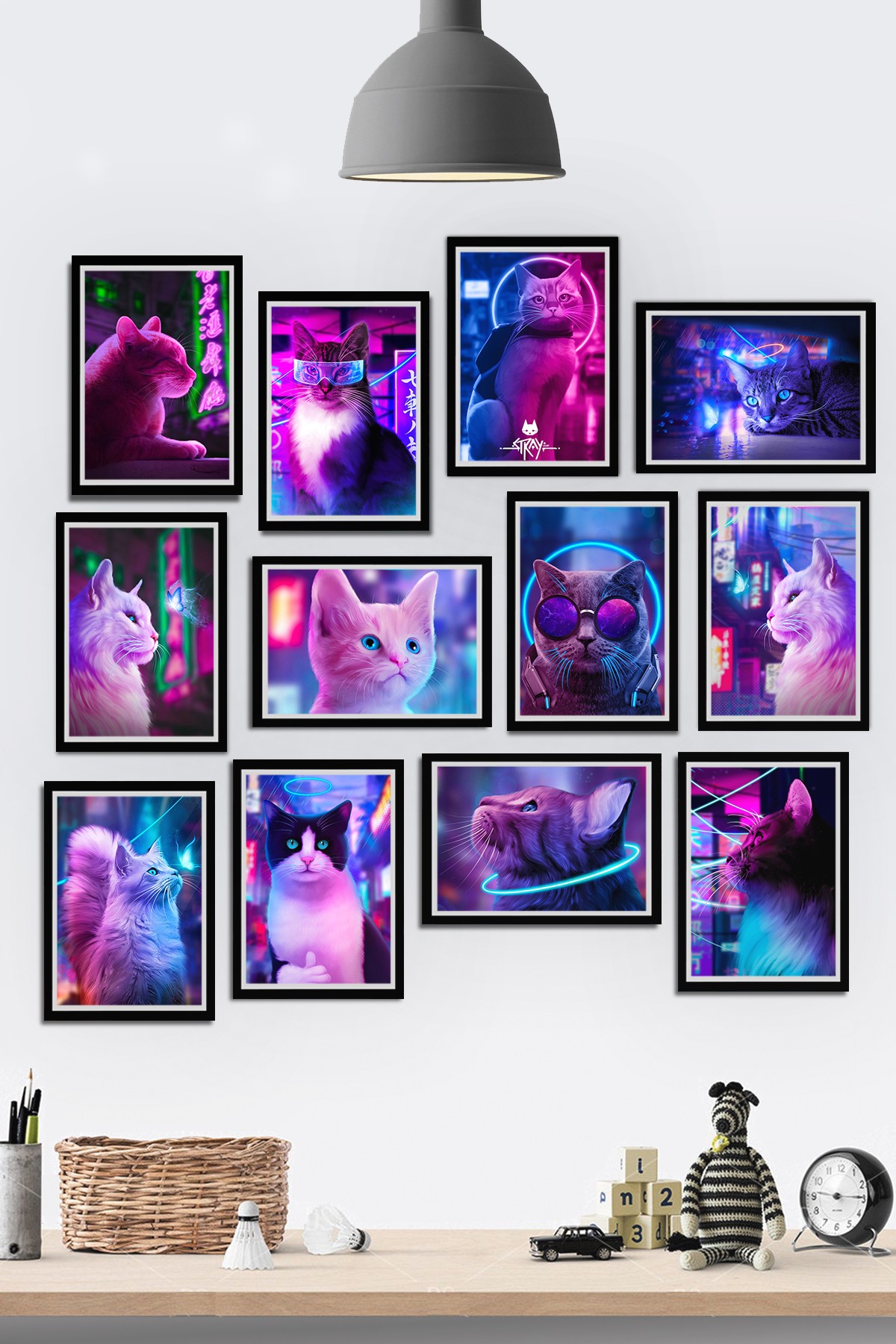 🐾🌈 Neon Kediler Ahşap Tablo Seti - 12 Parça Geceye Renk Katıyor! 🌟🎨