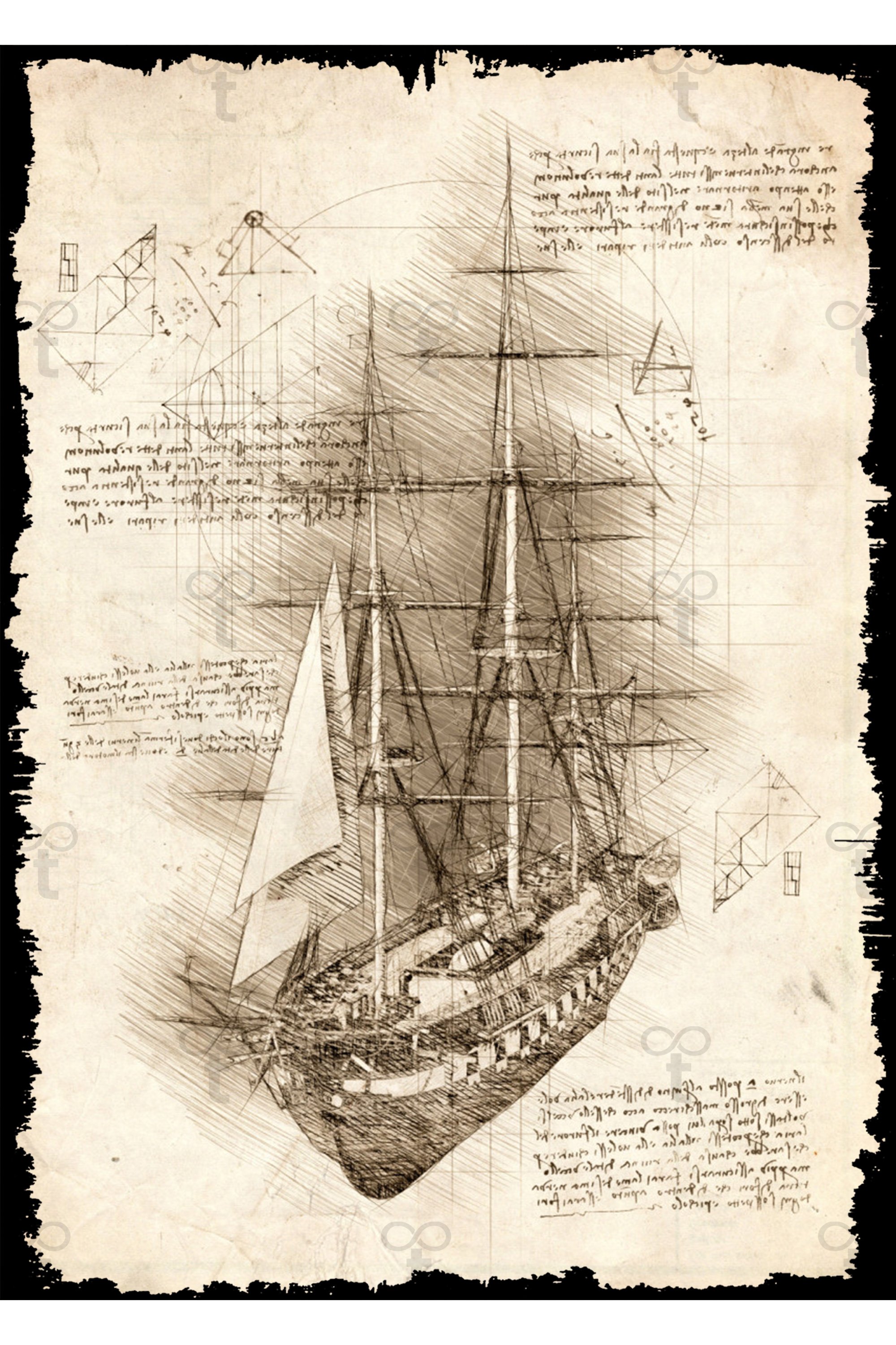 Da Vinci Tema Yelkenli Gemi Görselli Ahşap Tablo