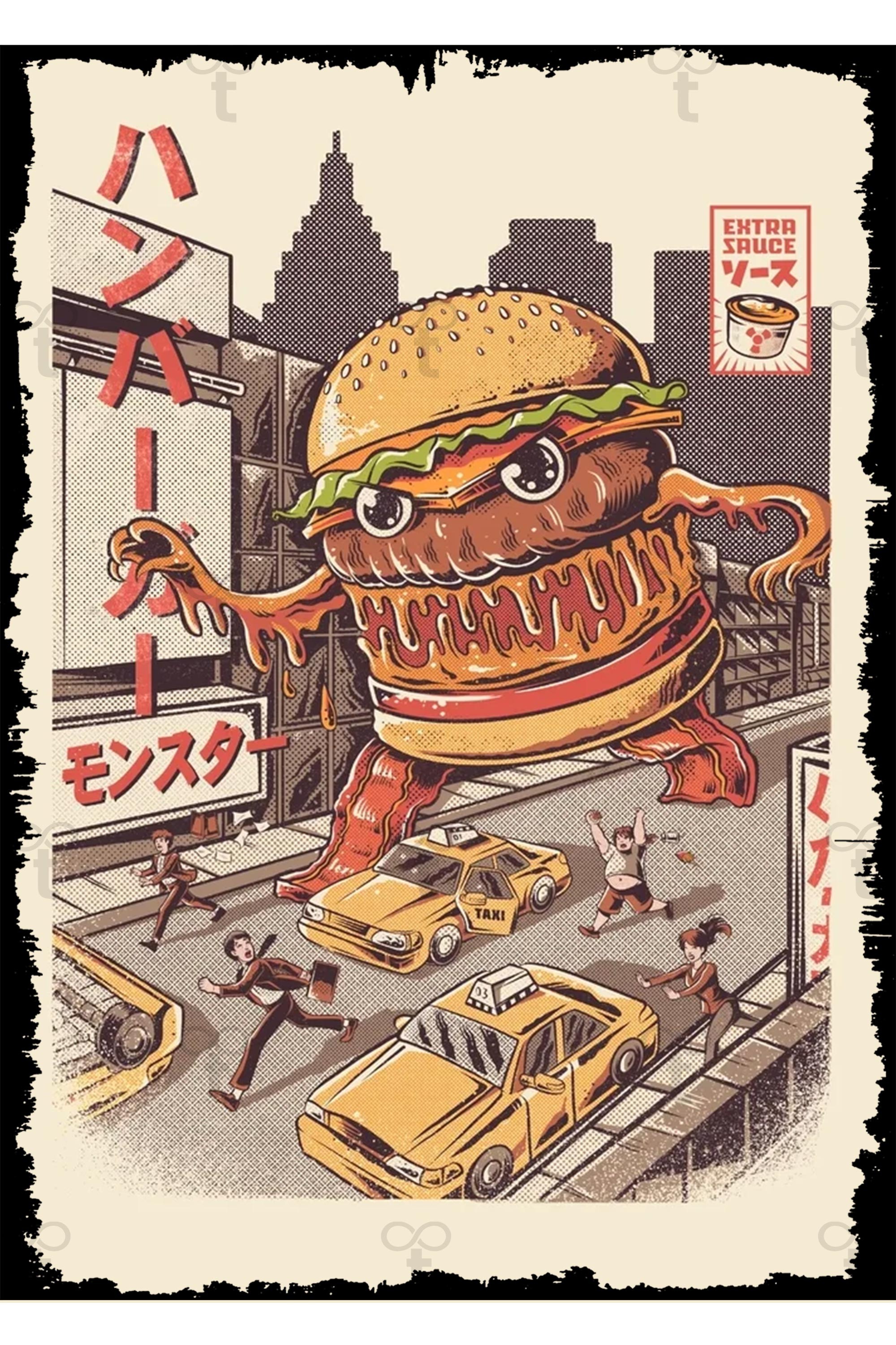 Hamburger Canavarı Retro Ahşap Tablo