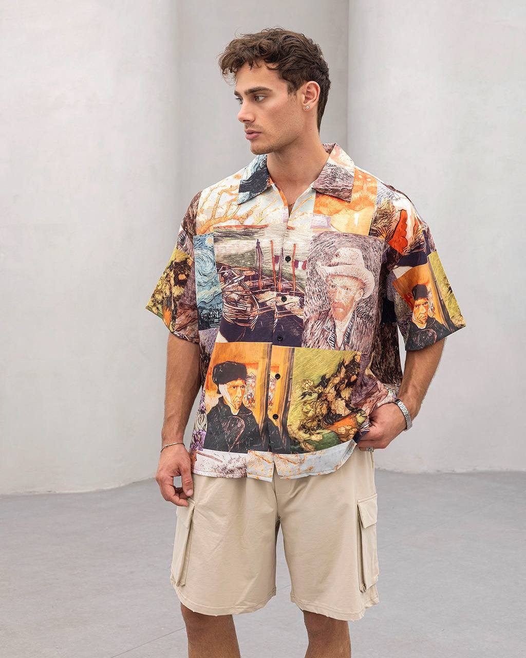 Erkek Oversize Desenli Kısa Kollu Gömlek – Sanatsal Print
