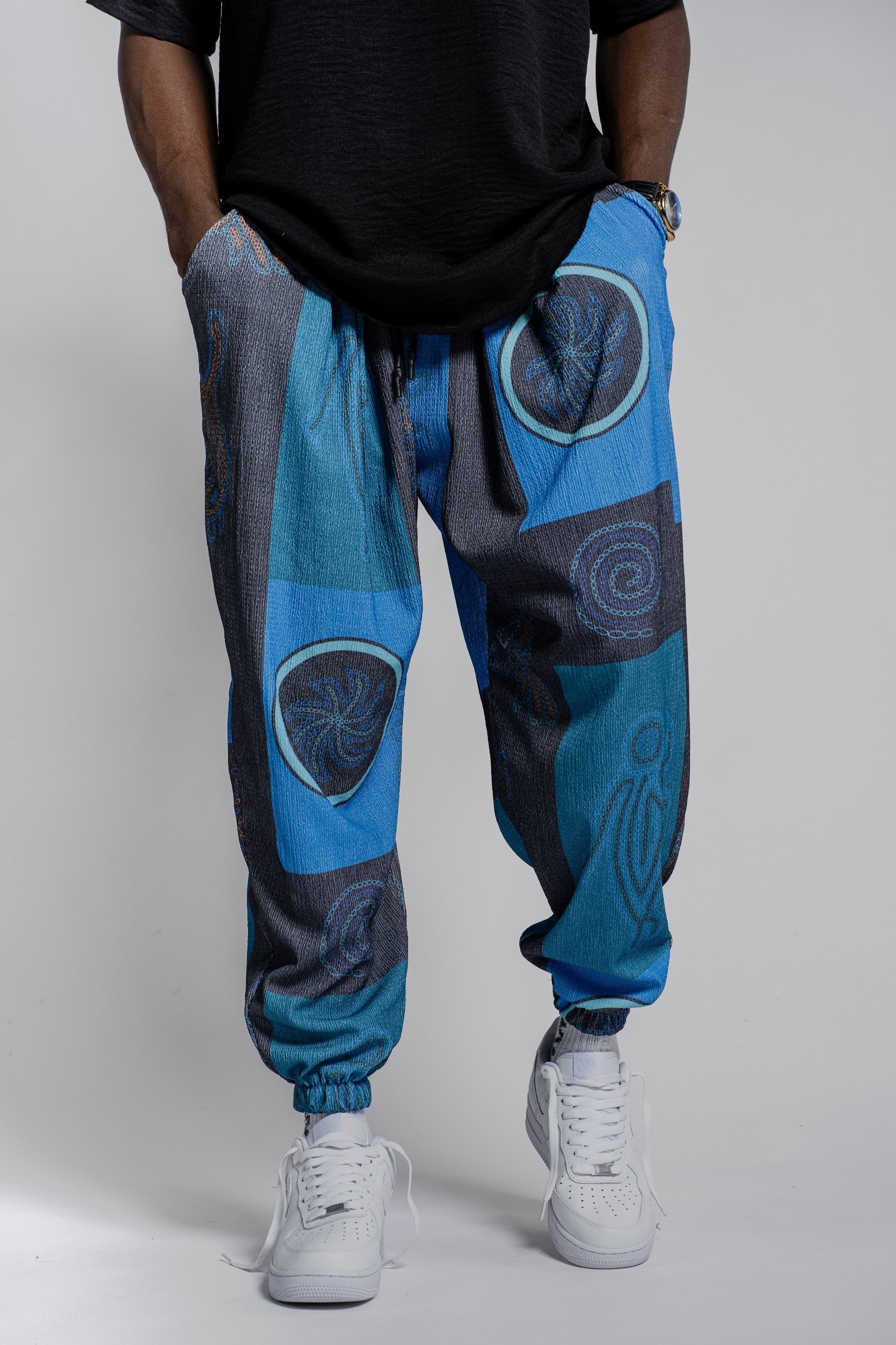 Grafik Desenli Yeşil Siyah Erkek Jogger – Neon Detaylı | Modern Sokak Modası - mavi