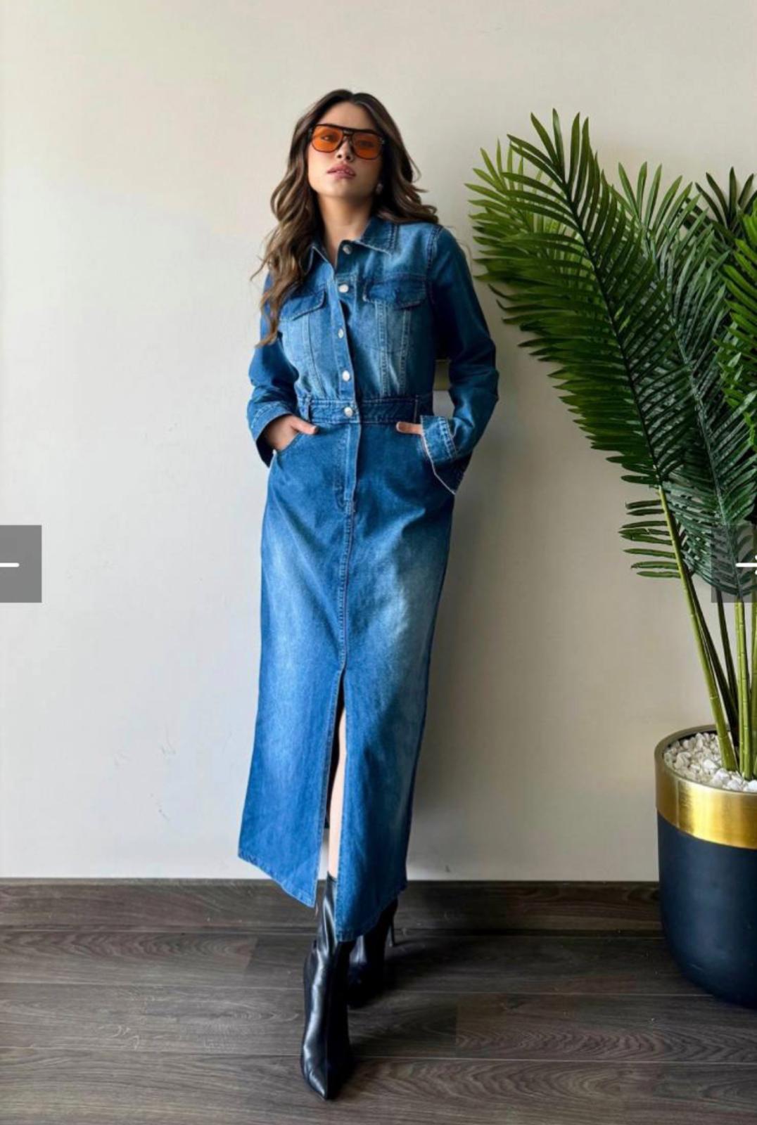 Uzun Kollu Yanlardan Cepli  Bele Oturan  Denım Jean Maxi Kot Elbise