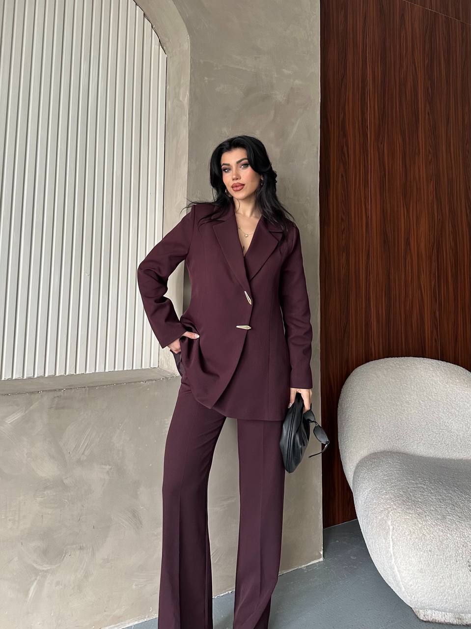 Aksesuar Detaylı Kuşaklı Blazer Takım – Kadın Ceket Pantolon - Mürdüm