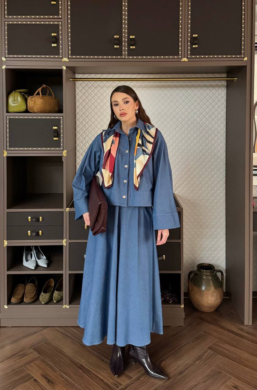 Desenli Oversize Kadın Etek Ceket Takım - mavi