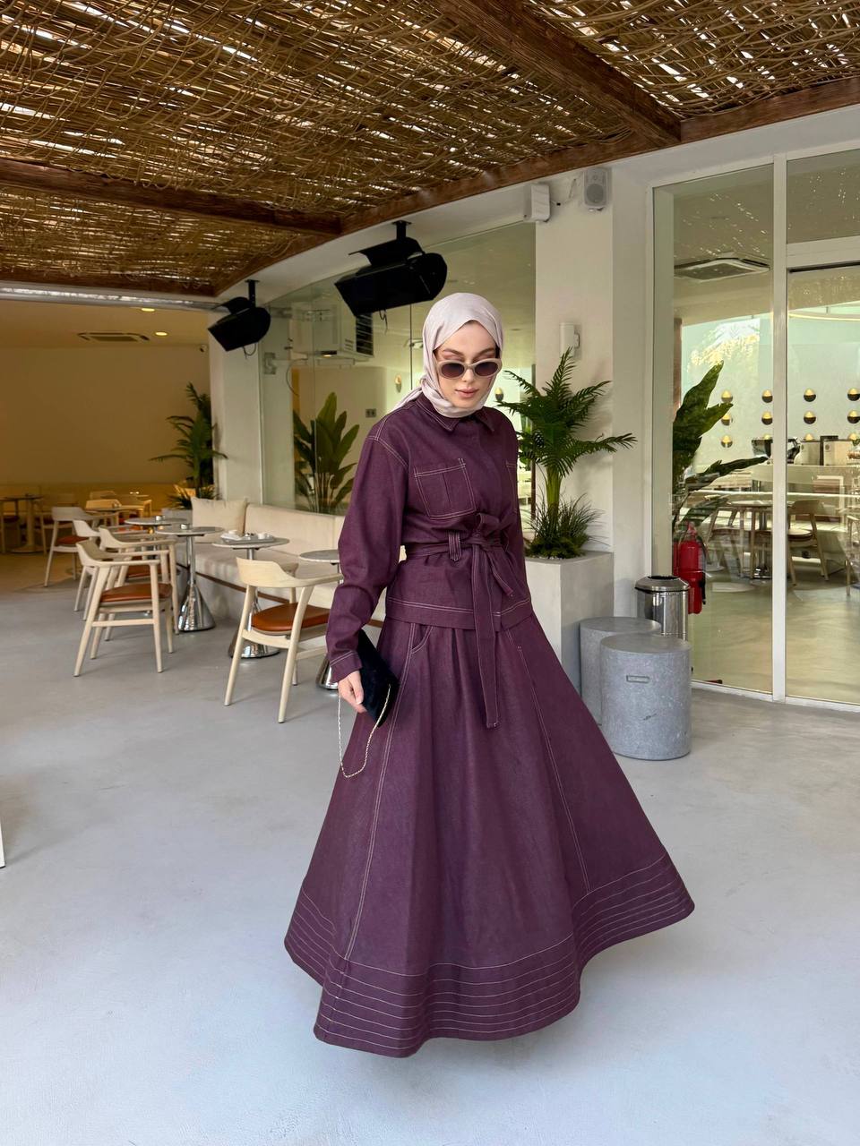 Kot Oversize Kadın Etek Ceket Takım - Bordo