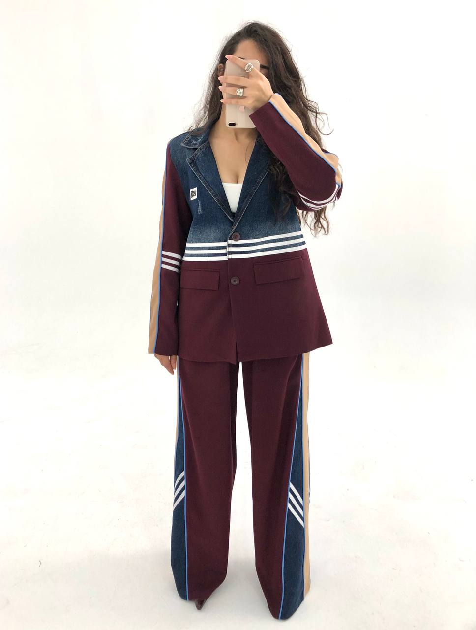 Spor Çizgili Denim Detaylı Kadın Takım - Ceket ve Pantolon