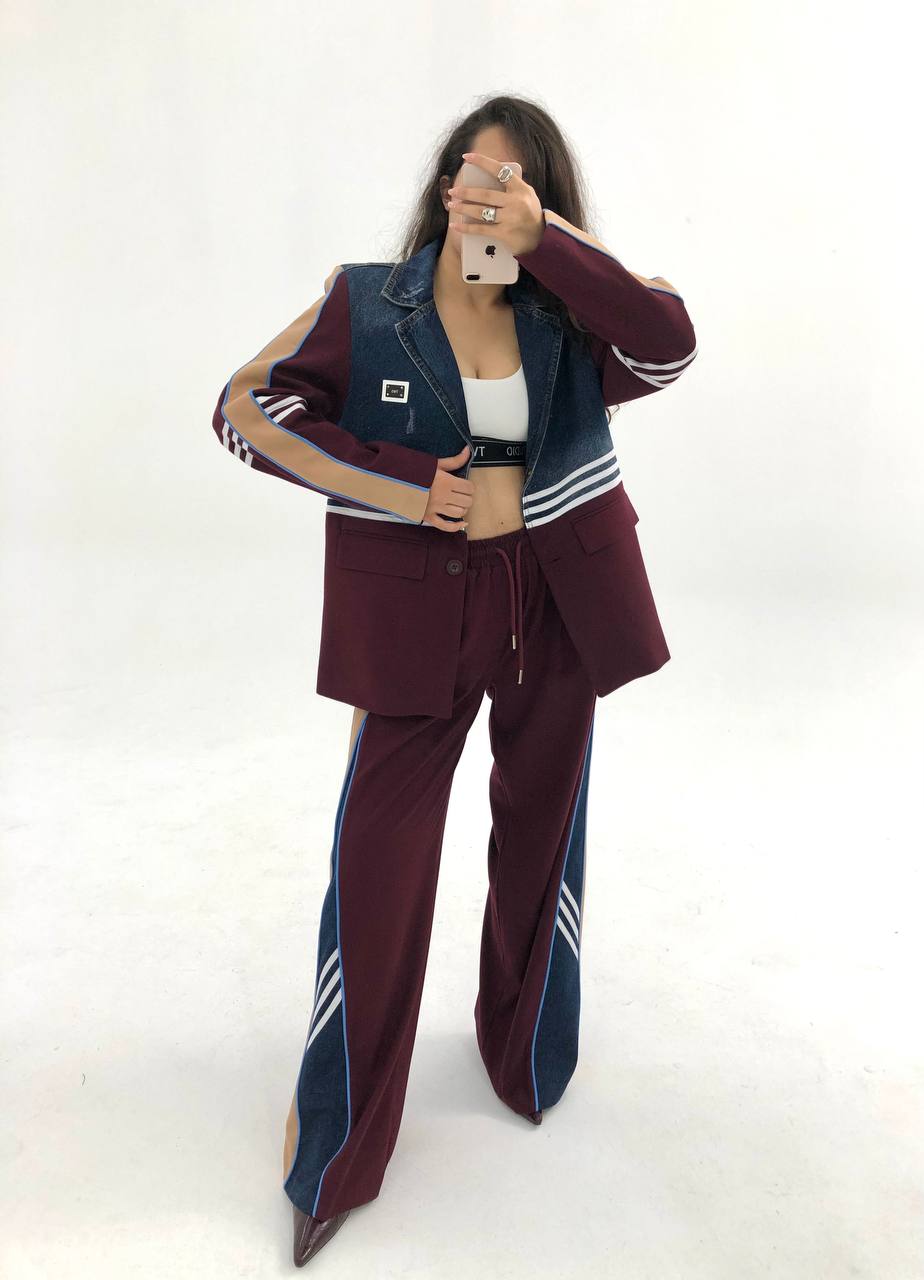 Spor Çizgili Denim Detaylı Kadın Takım - Ceket ve Pantolon