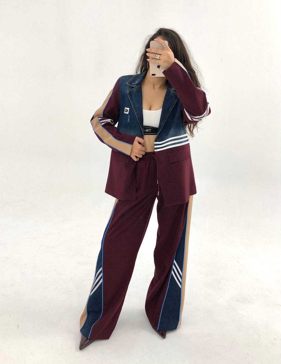 Spor Çizgili Denim Detaylı Kadın Takım - Ceket ve Pantolon - vişne çürüğü