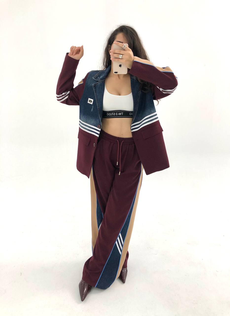 Spor Çizgili Denim Detaylı Kadın Takım - Ceket ve Pantolon