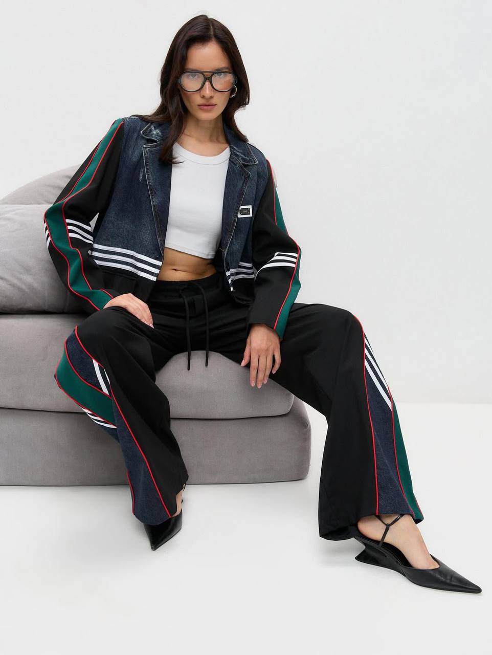 Spor Çizgili Denim Detaylı Kadın Takım - Ceket ve Pantolon - Siyah