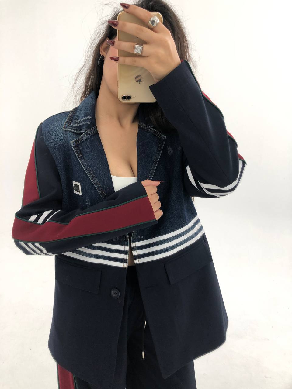 Spor Çizgili Denim Detaylı Kadın Takım - Ceket ve Pantolon - lacivert