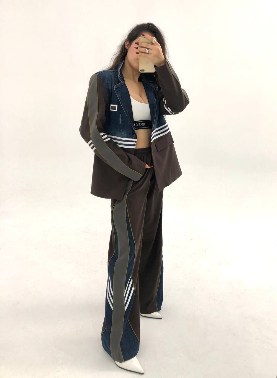Spor Çizgi Detaylı Kahverengi Geniş Paça Pantolon – Denim Yan Şeritli