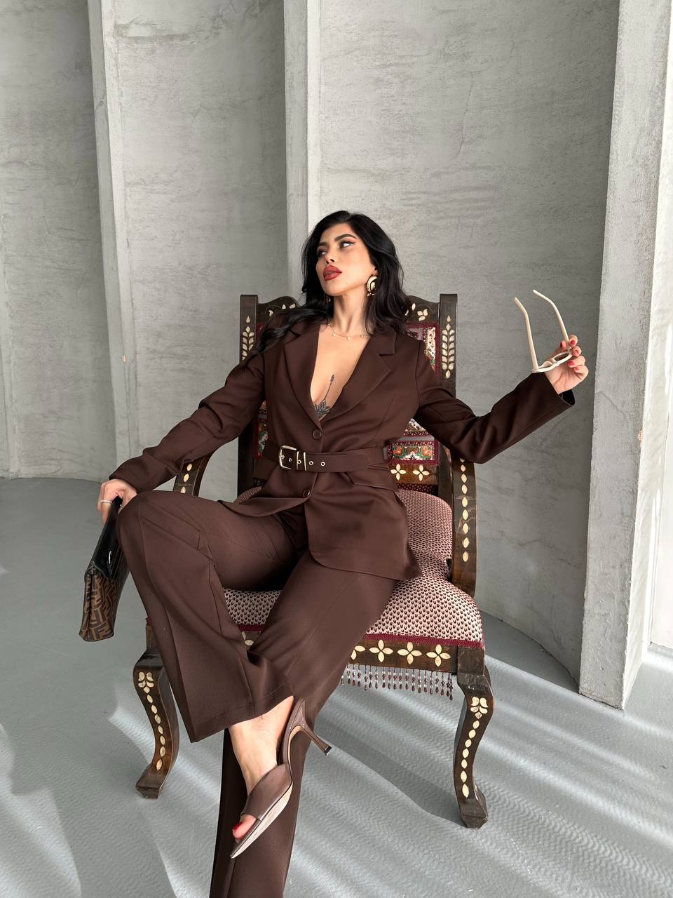 Kadın  Kemerli Blazer Ceket Pantolon Takım