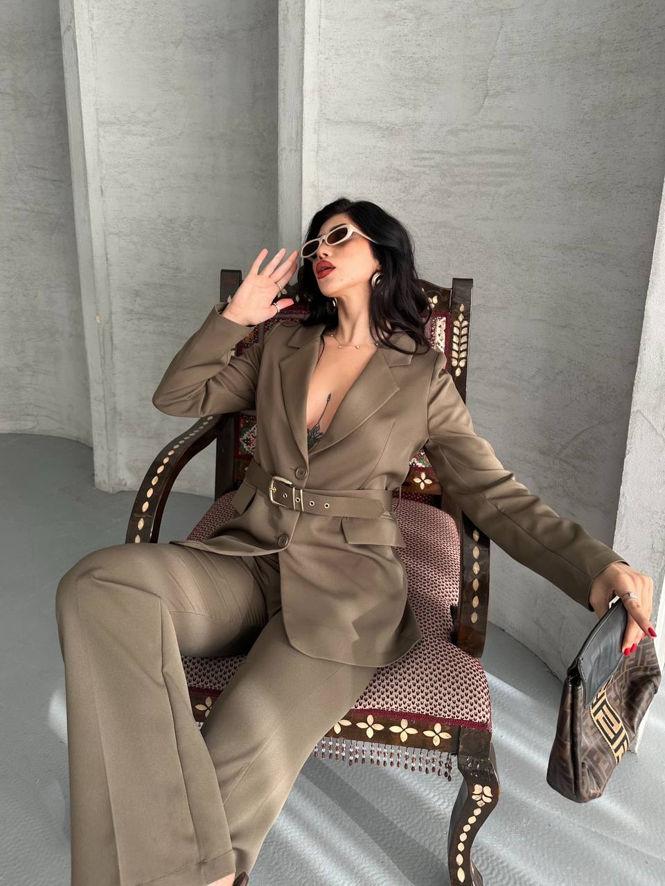 Kadın  Kemerli Blazer Ceket Pantolon Takım - haki yeşil