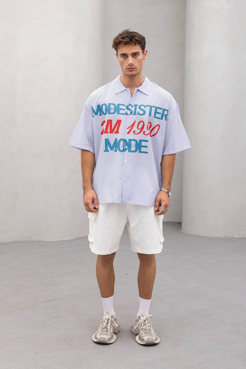 Erkek Oversize Kısa Kollu Baskılı Gömlek – Mode 1990 Desenli