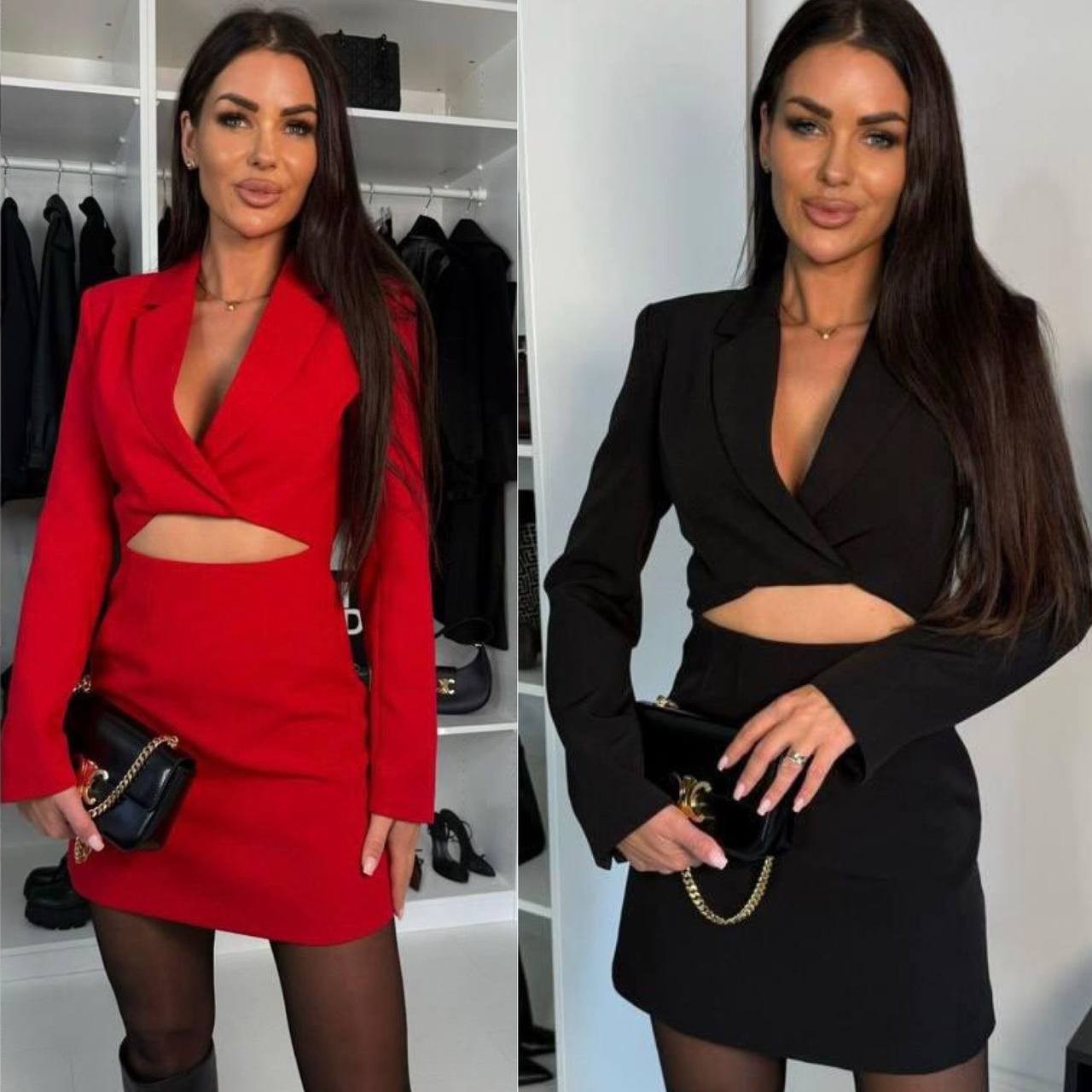 KADIN BLAZER KESİM PENCERE DEKOLTELİ CAT OUT DRES  MİNİ ELBİSE