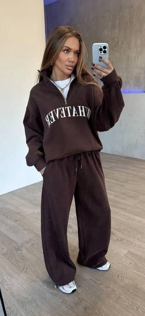  Baskılı Oversize Eşofman Takımı – Fermuarlı Yarım Yaka - kahverengi