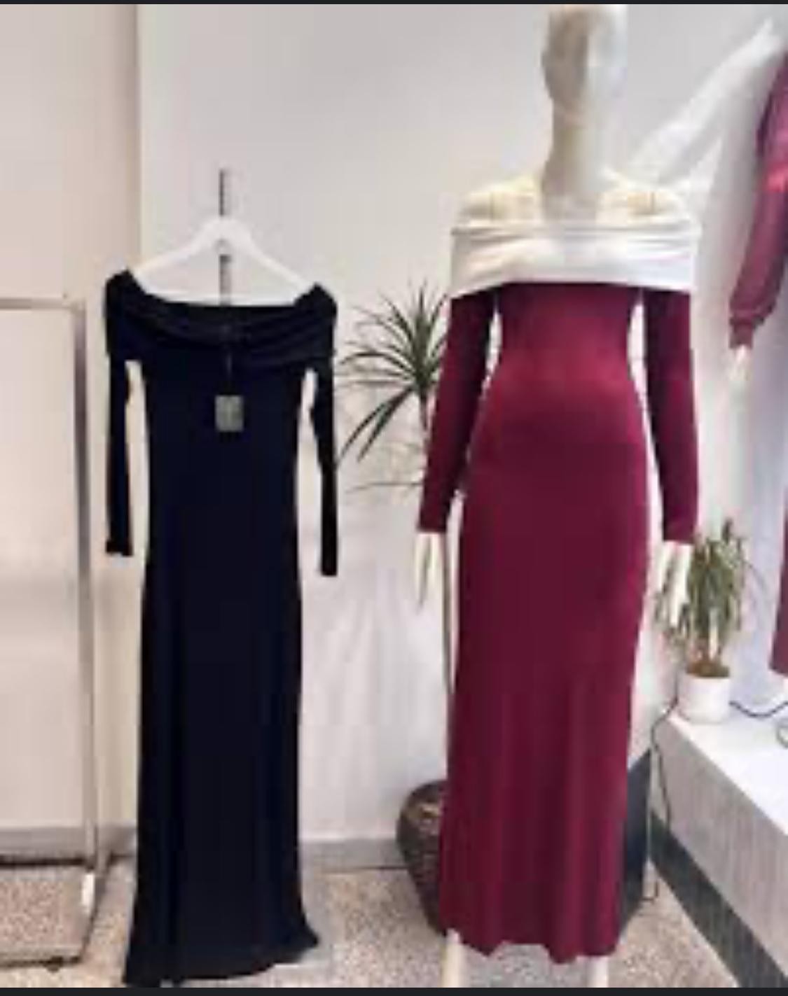  TASARIM CARMEN YAKALI MADONNA COLLAR DRESS  UZUN KOLLU  UZUN ELBİSE - Bordo