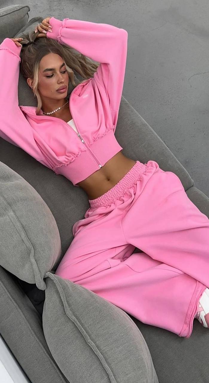 Kadın  Oversize Eşofman Takımı – Crop Fermuarlı ve Bol Paça - pembe