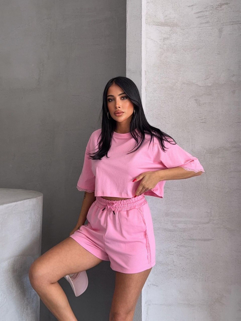 Dantel Detaylı Şort & Crop Tişört Takımı – Yazlık İkili Set - pembe