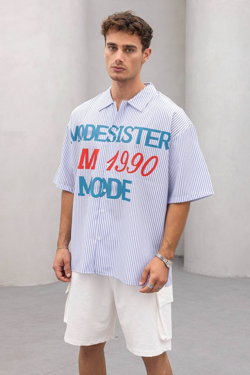 Erkek Oversize Kısa Kollu Baskılı Gömlek – Mode 1990 Desenli - mavi çizgili