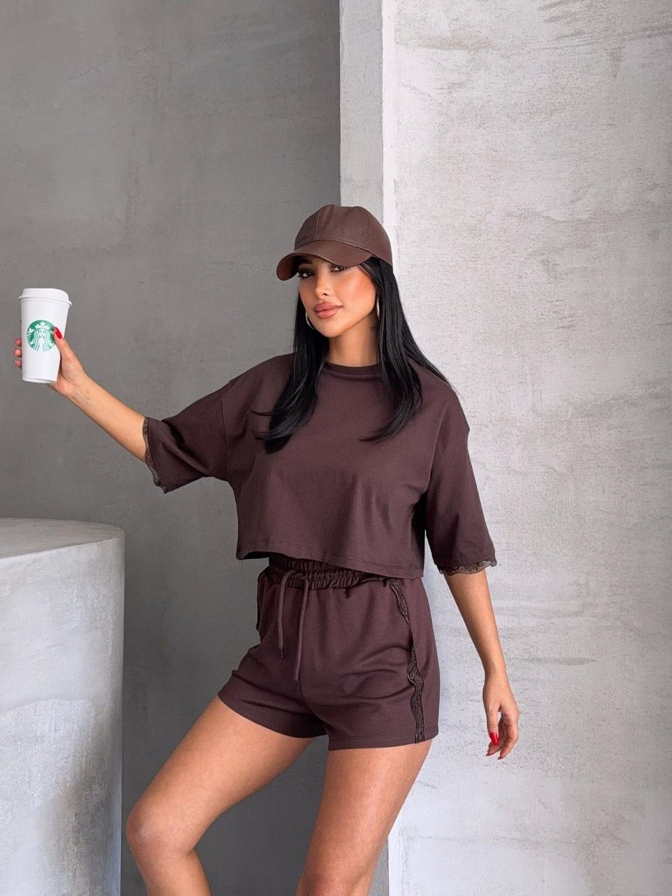 Dantel Detaylı Şort & Crop Tişört Takımı – Yazlık İkili Set - kahverengi