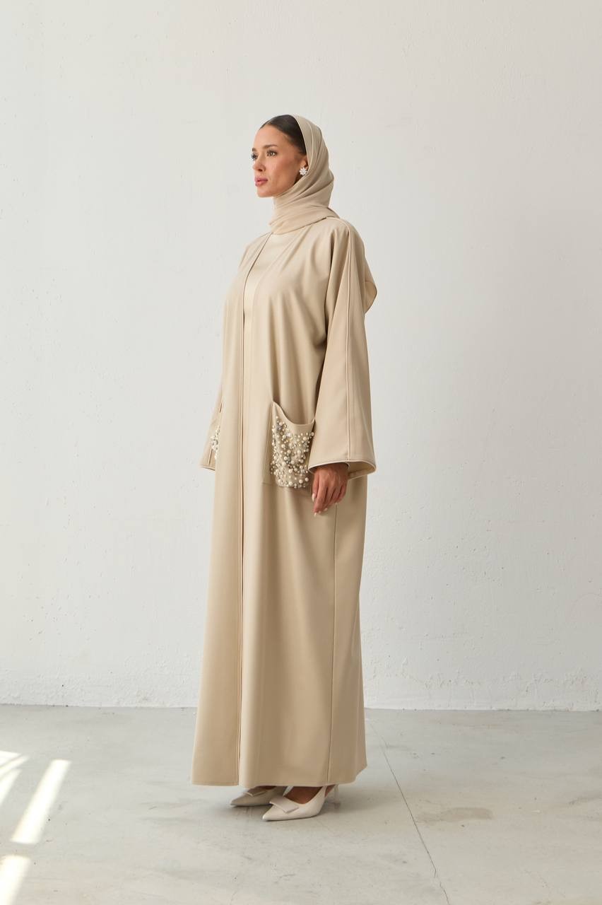 ÖZEL TASARIM CEPLERİ EL DOKUMA İNCİ  İŞLEMELİ ABAYA KİMONO