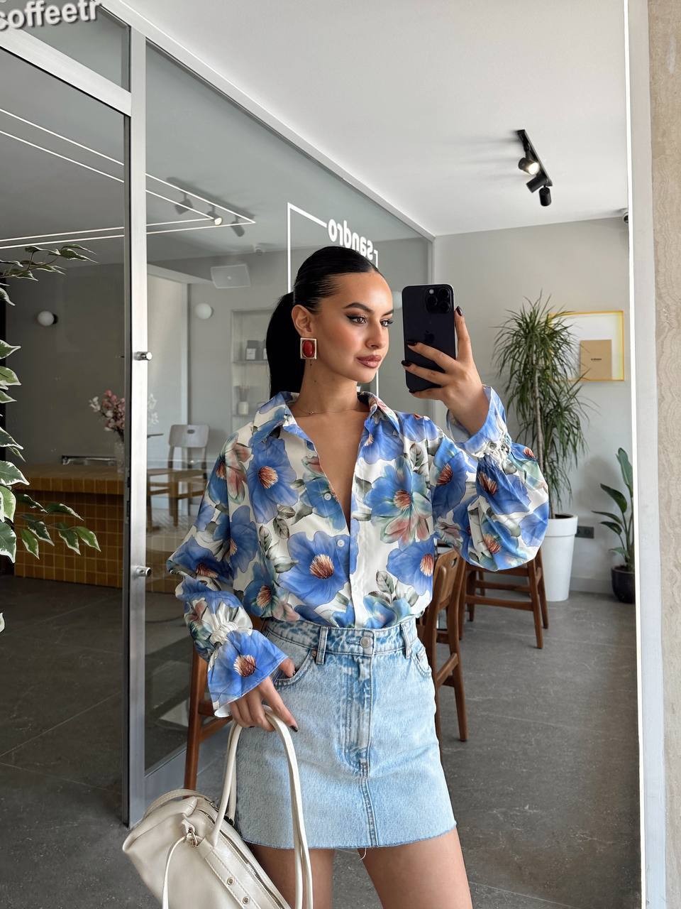 Çiçek Desenli Oversize Gömlek – Kadın Bahar ve Yaz Modası - mavi