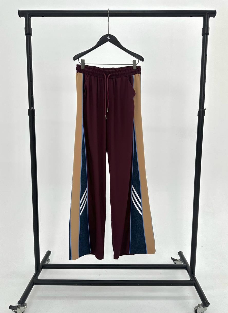 Spor Çizgi Detaylı Kahverengi Geniş Paça Pantolon – Denim Yan Şeritli - vişne çürüğü
