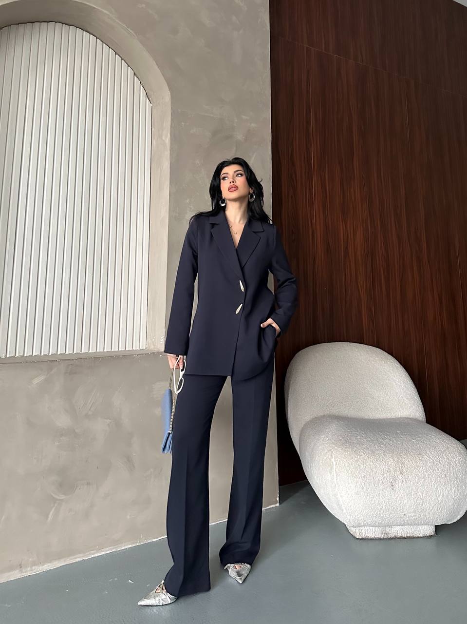 Aksesuar Detaylı Kuşaklı Blazer Takım – Kadın Ceket Pantolon - lacivert