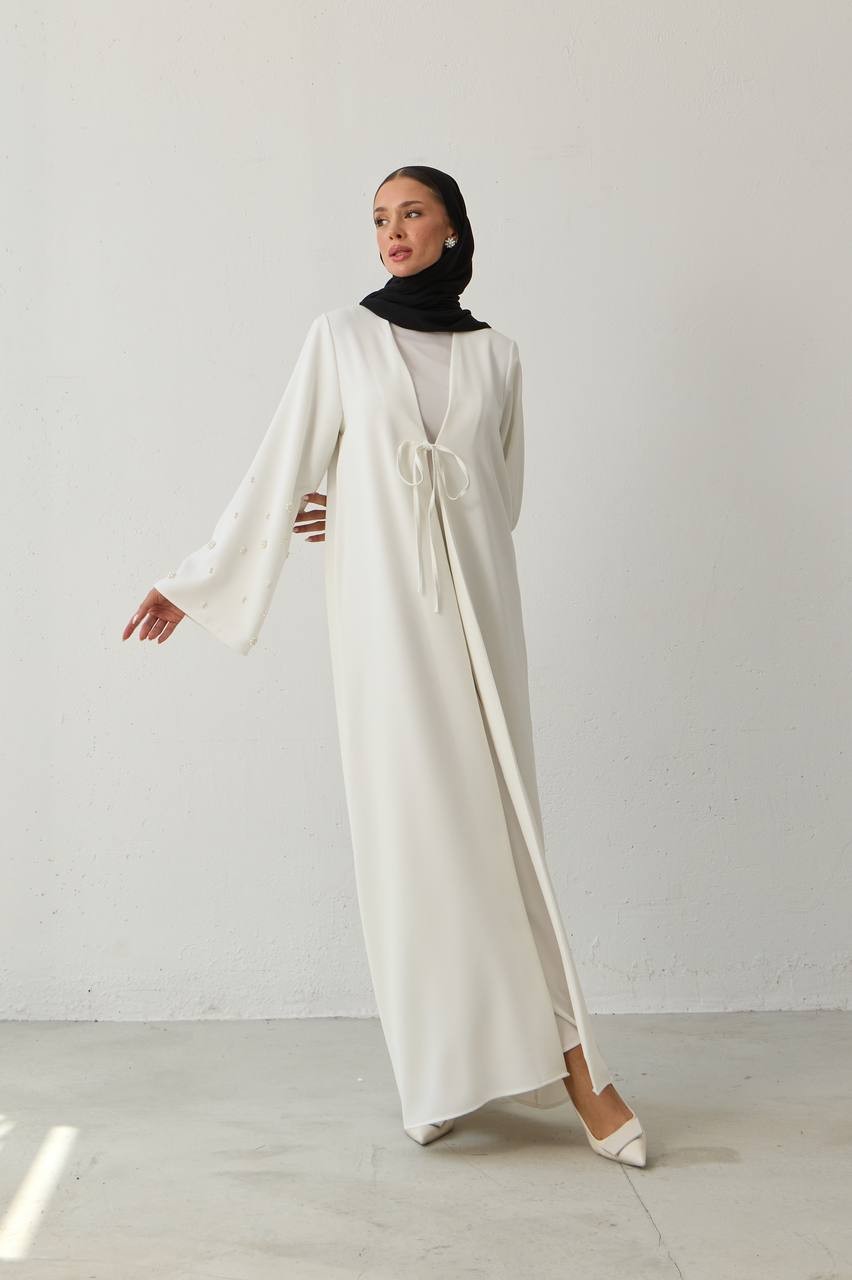 YENİ SEZON KREP KUMAŞ BONCUK EL İŞLEMELİ MODERN ABAYA - krem
